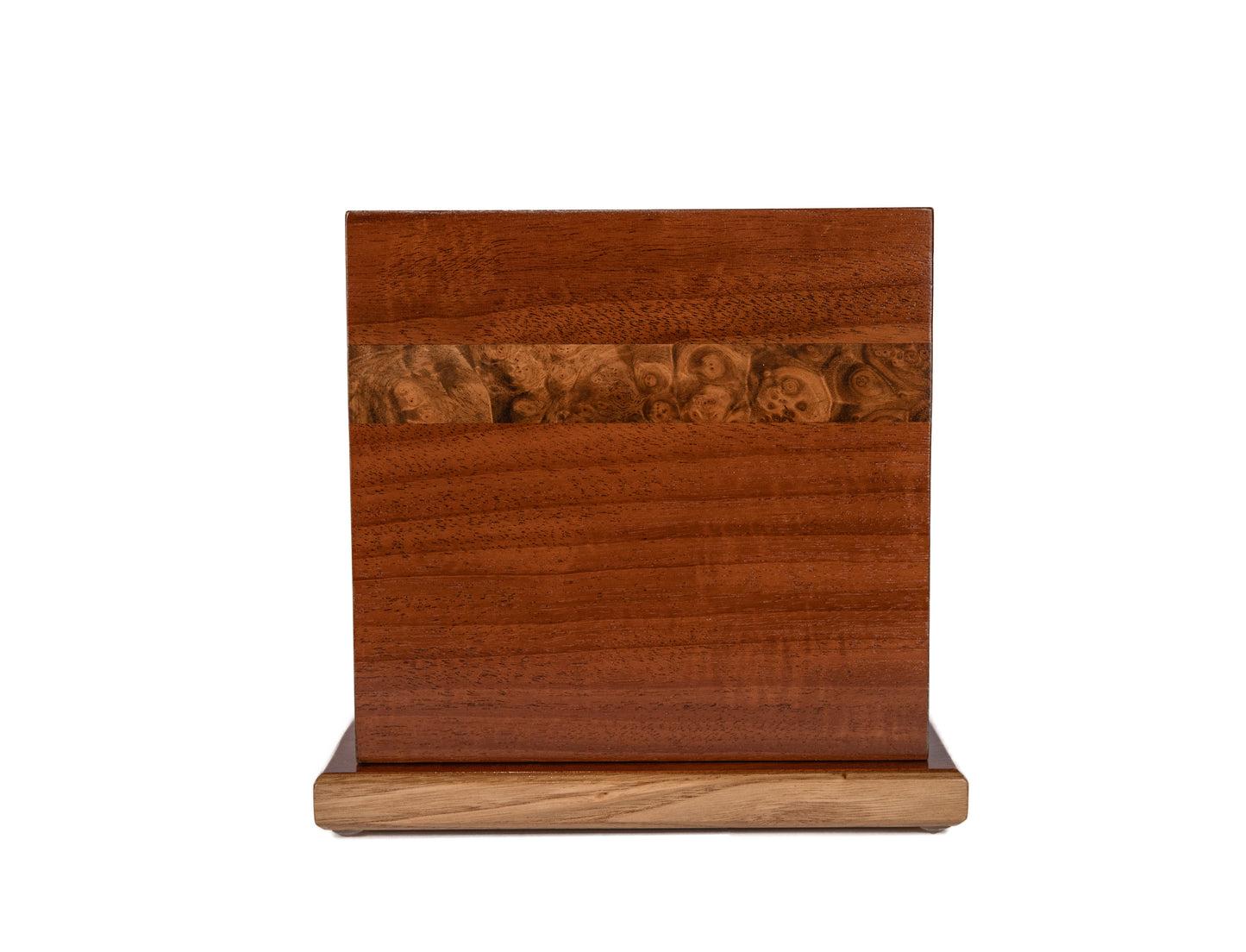 Handcrafted Mahogany & Walnut Burl Small Urn for Human Ashes – With Oak Base, Semi-Gloss Finish