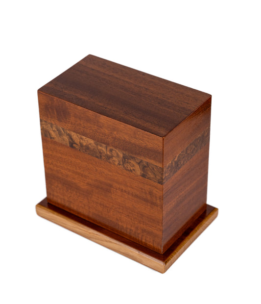 Handcrafted Mahogany & Walnut Burl Small Urn for Human Ashes – With Oak Base, Semi-Gloss Finish