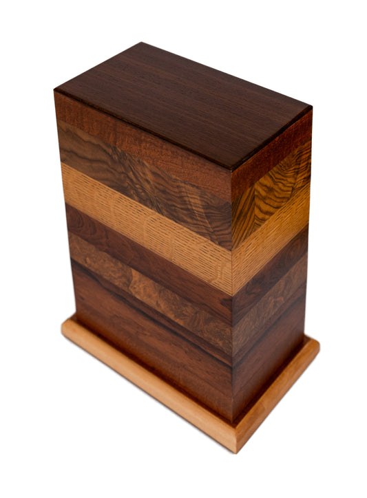 Handcrafted High Quality Multi-Wood Extra Large Urn for Human Ashes – Six Vintage Pianos English Walnut Burl, Rosewood & Oak