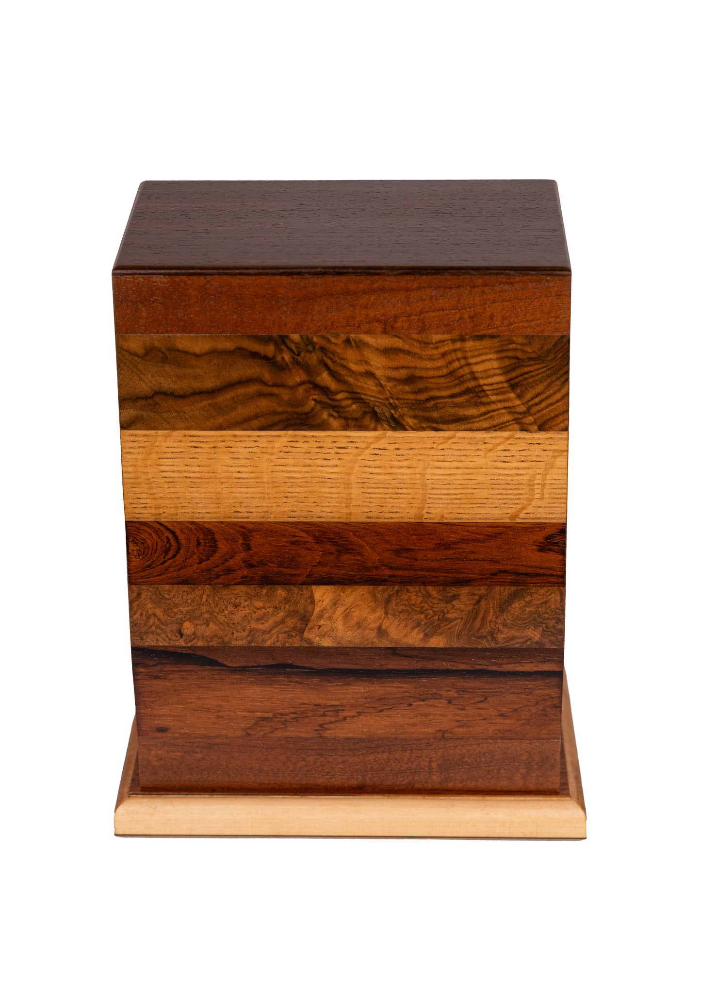 Handcrafted High Quality Multi-Wood Extra Large Urn for Human Ashes – Six Vintage Pianos English Walnut Burl, Rosewood & Oak