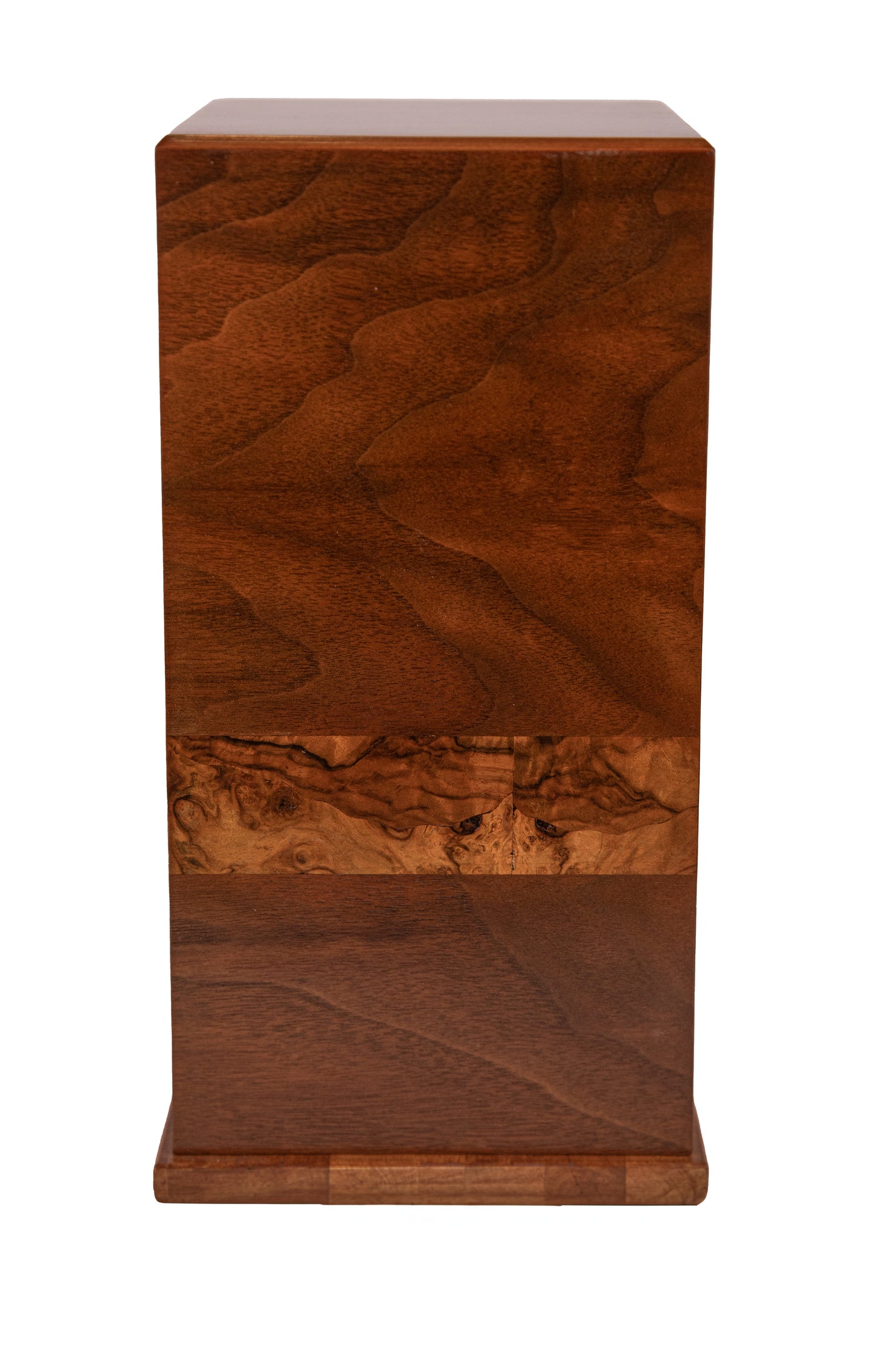 Handcrafted Tower Urn – English Walnut Burl Band with Cognac Satin Finish