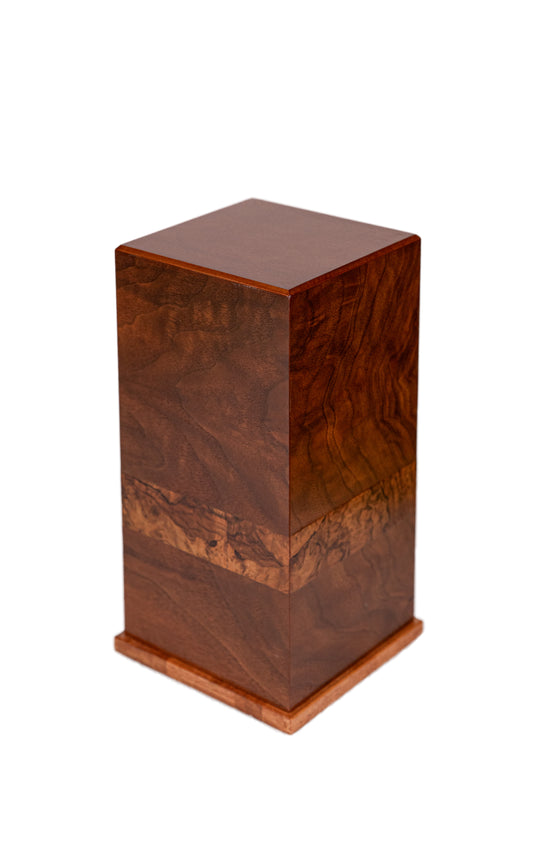 Handcrafted Tower Urn – English Walnut Burl Band with Cognac Satin Finish
