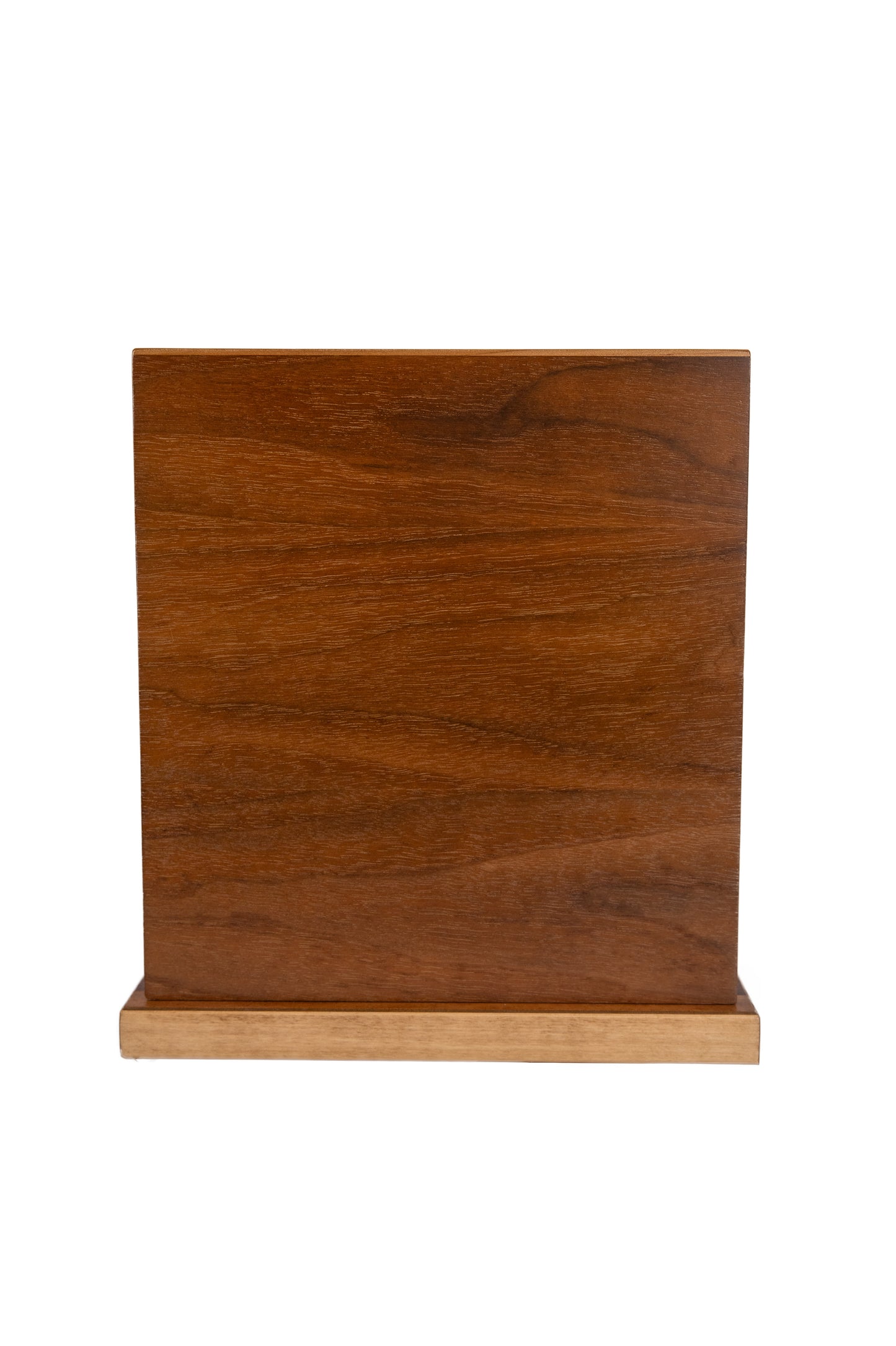 Side view of handcrafted cremation urn featuring American Black Walnut body and spruce soundboard top, reclaimed from a 1915 New York piano, 200 cubic inch capacity