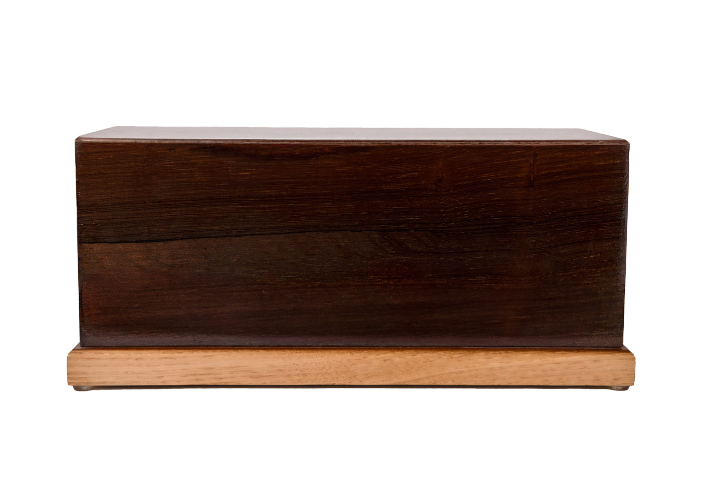Front view of handcrafted American Chestnut cremation urn with mahogany top and oak base, reclaimed 200-year-old wood, 200 cubic inch capacity