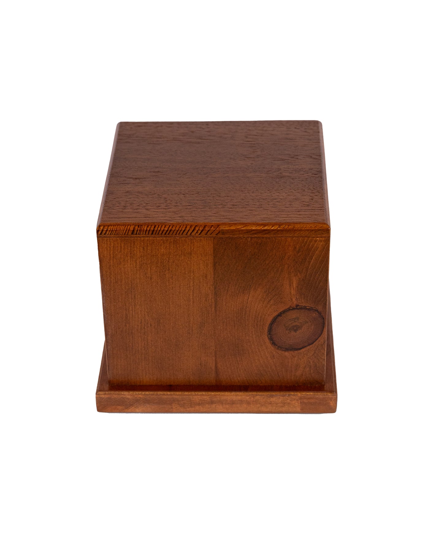 Front and top view of handcrafted 120 cubic inch urn made from 1920s Pine and Cuban Mahogany, satin finished with warm Antique Walnut brown color