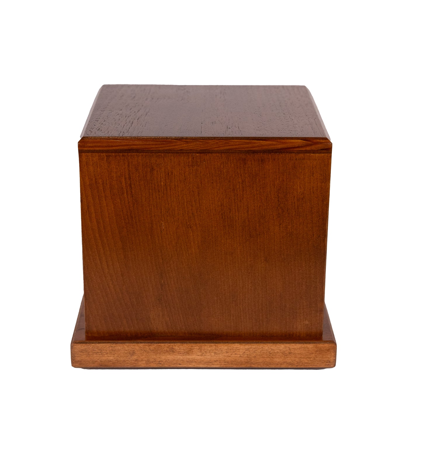 Front view of handcrafted 120 cubic inch urn made from 1920s Pine and Cuban Mahogany, satin finished with warm Antique Walnut brown color