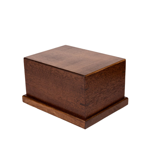Angled view of 54 cubic inch keepsake urn made from 1920s Black Walnut with Maple corner inlays and Sitka Spruce top, high-gloss dark brown finish