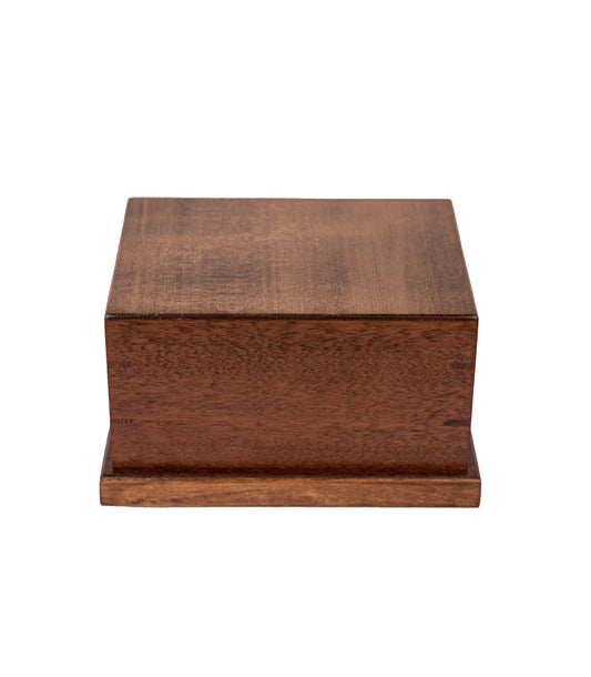 Front and top view of 54 cubic inch keepsake urn crafted from vintage Black Walnut and Sitka Spruce, with Maple accents and dark brown gloss finish