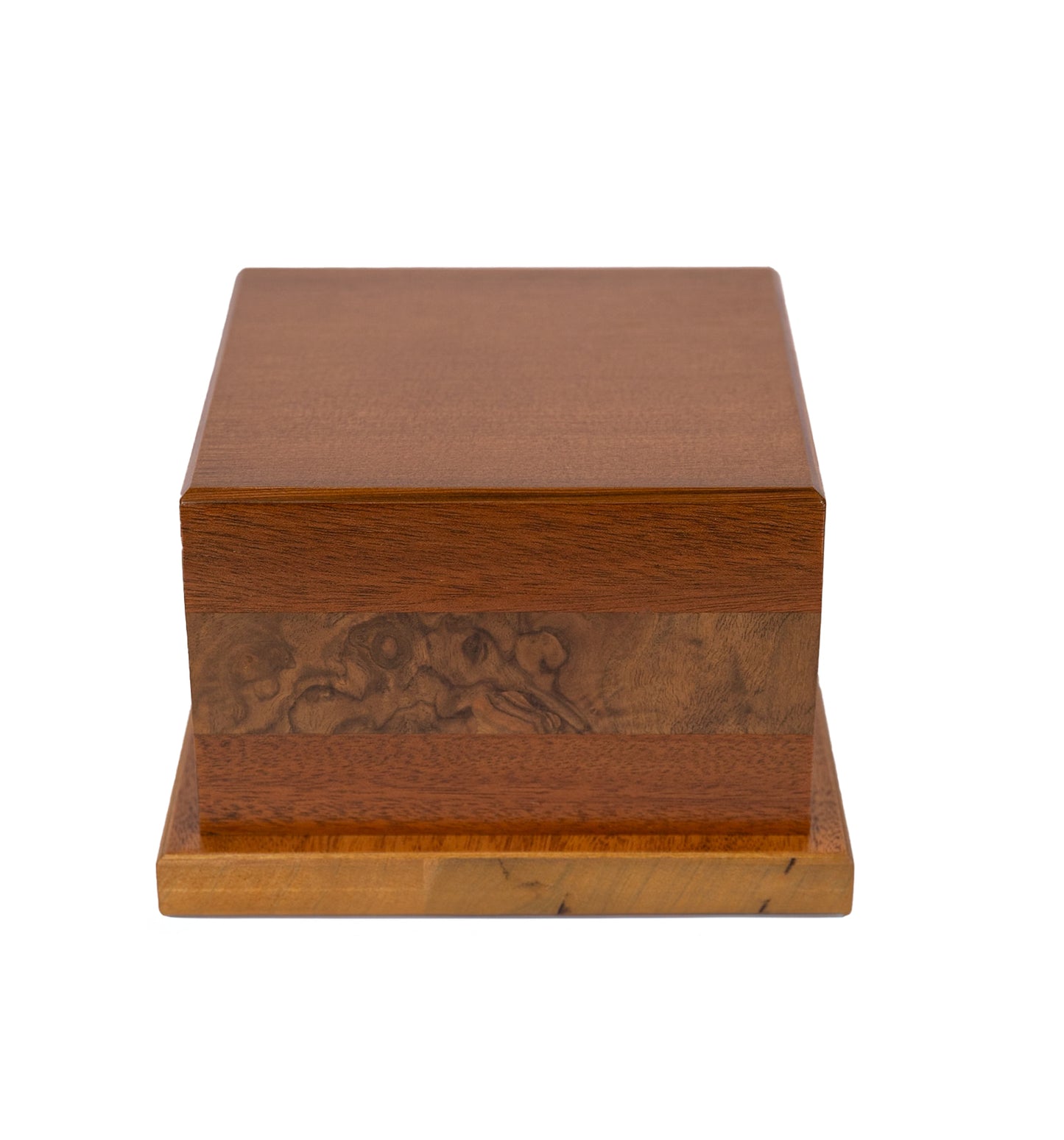Front and top view of 62 cubic inch urn made from 1920s Black Walnut with 1885 English Walnut Burl inlays and Sitka Spruce top, Golden Wheat satin finish