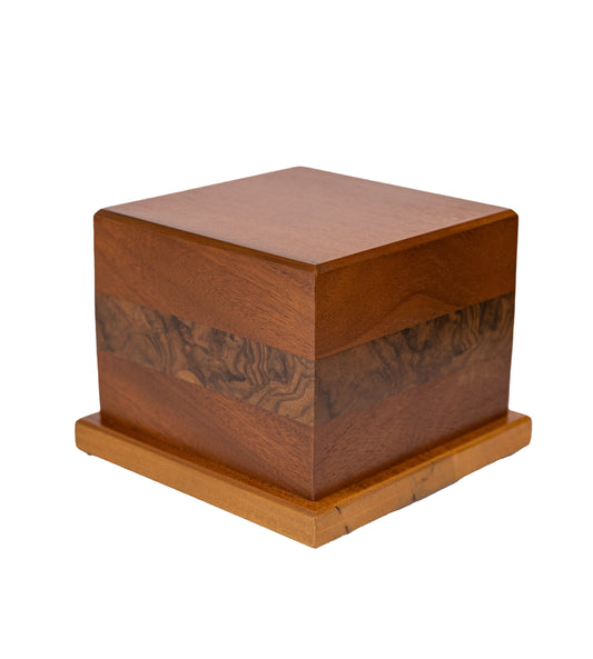 Angled view of 80 cubic inch urn made from 1920s Black Walnut with English Walnut Burl inlays, Sitka Spruce top and maple brown satin finish