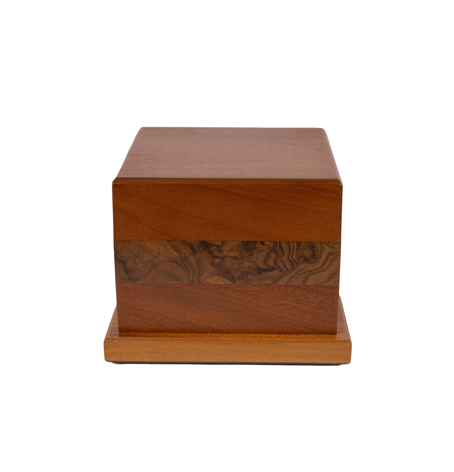 Front view of 80 cubic inch urn in Black Walnut with English Walnut Burl accents and Sitka Spruce top, finished maple brown satin