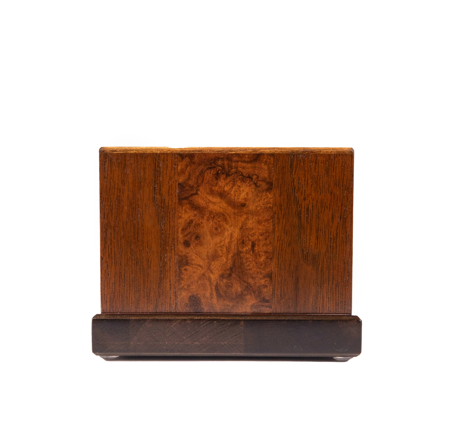 Front and top view of handcrafted 44 cubic inch keepsake urn featuring Black Walnut body, English Walnut Burl inlays from 1885 piano, Sitka Spruce top, and contrasting Dark Walnut base with satin finish in Early American Brown