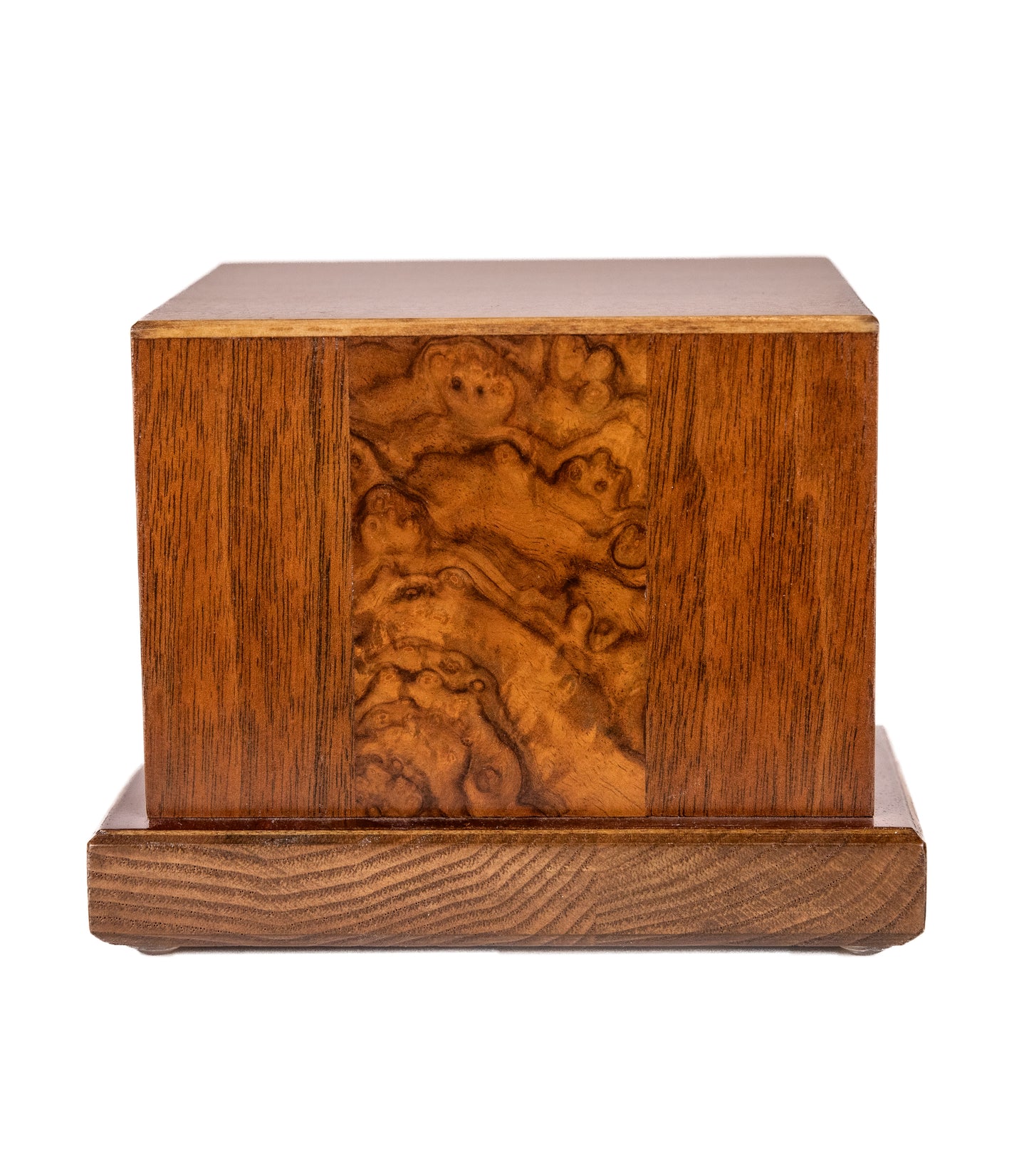 Front and top view of 54 cubic inch handcrafted cremation urn featuring Black Walnut body with English Walnut Burl inlays from an 1885 piano and Sitka Spruce top from antique soundboard, satin finish with early American brown tone