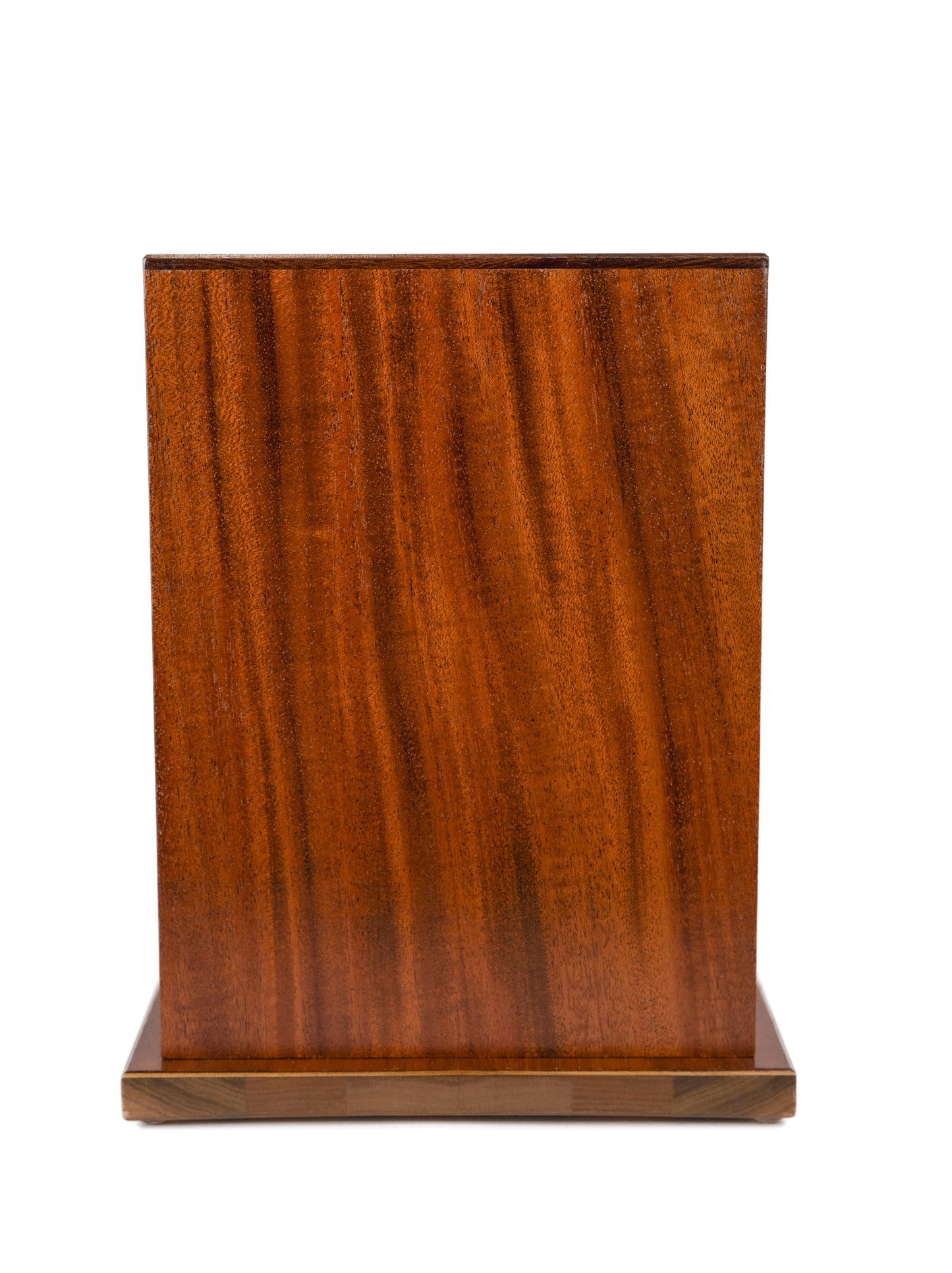 Front view of 230 cubic inch urn handcrafted from antique Cuban Mahogany with Macassar Ebony top, satin finish, and natural wood grain