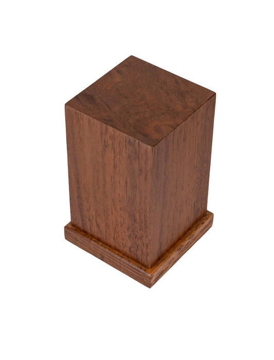Angled view of 25 cubic inch keepsake urn made from 1940s Cuban Mahogany, English Walnut Burl top, and Quarter Sawn Oak base, elegant and historic
