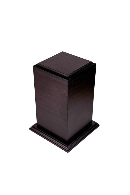 Handcrafted Cuban Mahogany urn with natural finish and Lichtenberg burn pattern, 145 cubic inch capacity, angled view