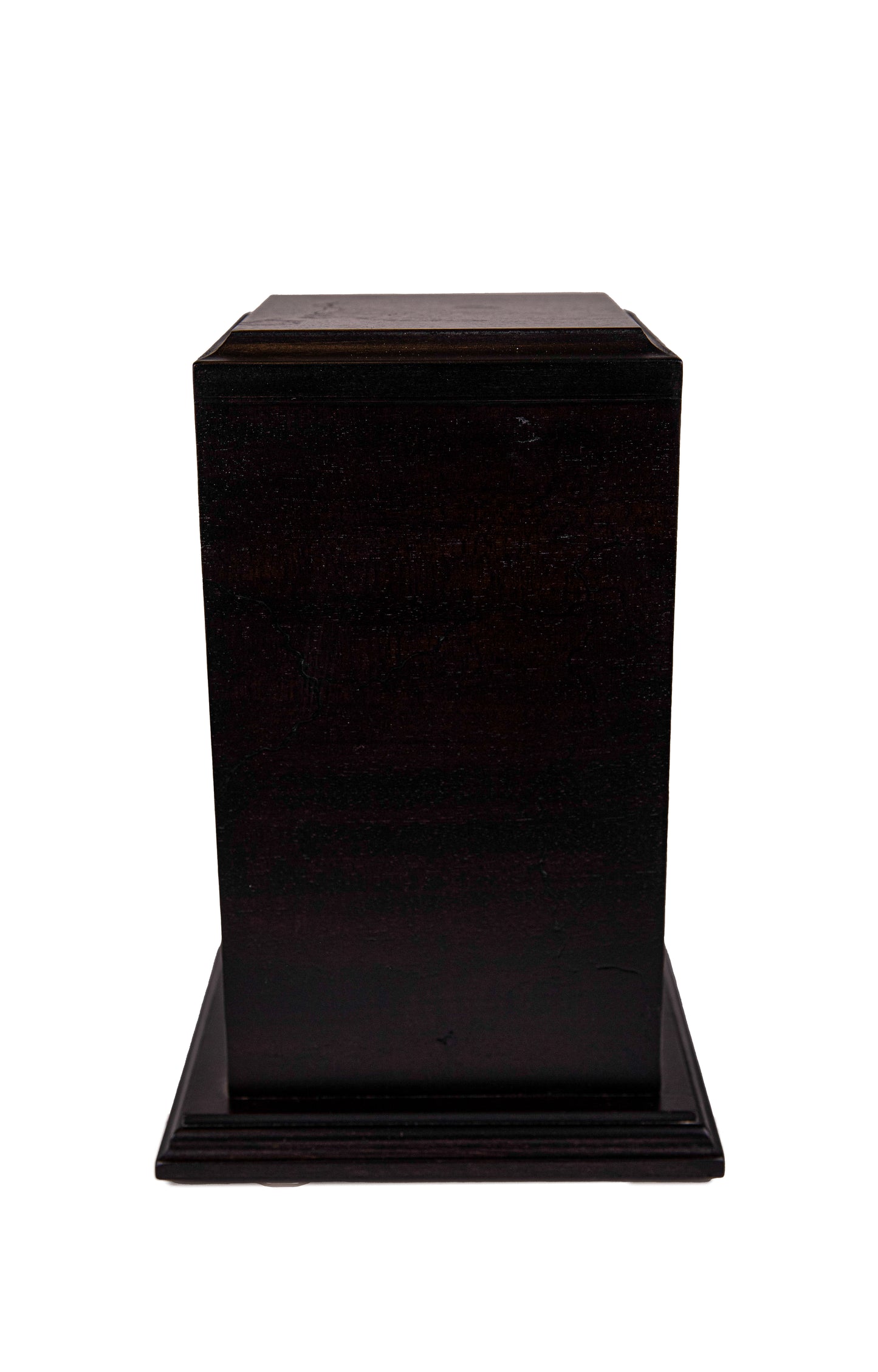 Front and top view of Cuban Mahogany urn with lightning-style Lichtenberg pattern and smooth natural finish, 145 cubic inch capacity