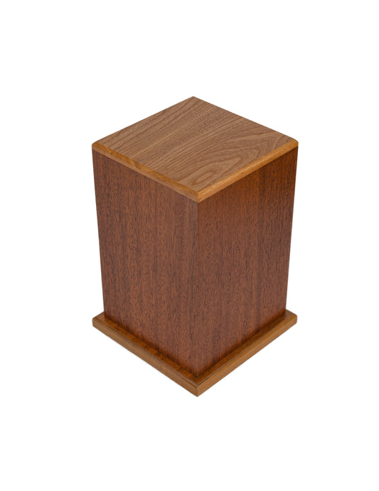 Angled view of 180 cubic inch urn handcrafted from 1925 Cuban Mahogany with White Ash top, finished in Sesame stain and smooth satin finish