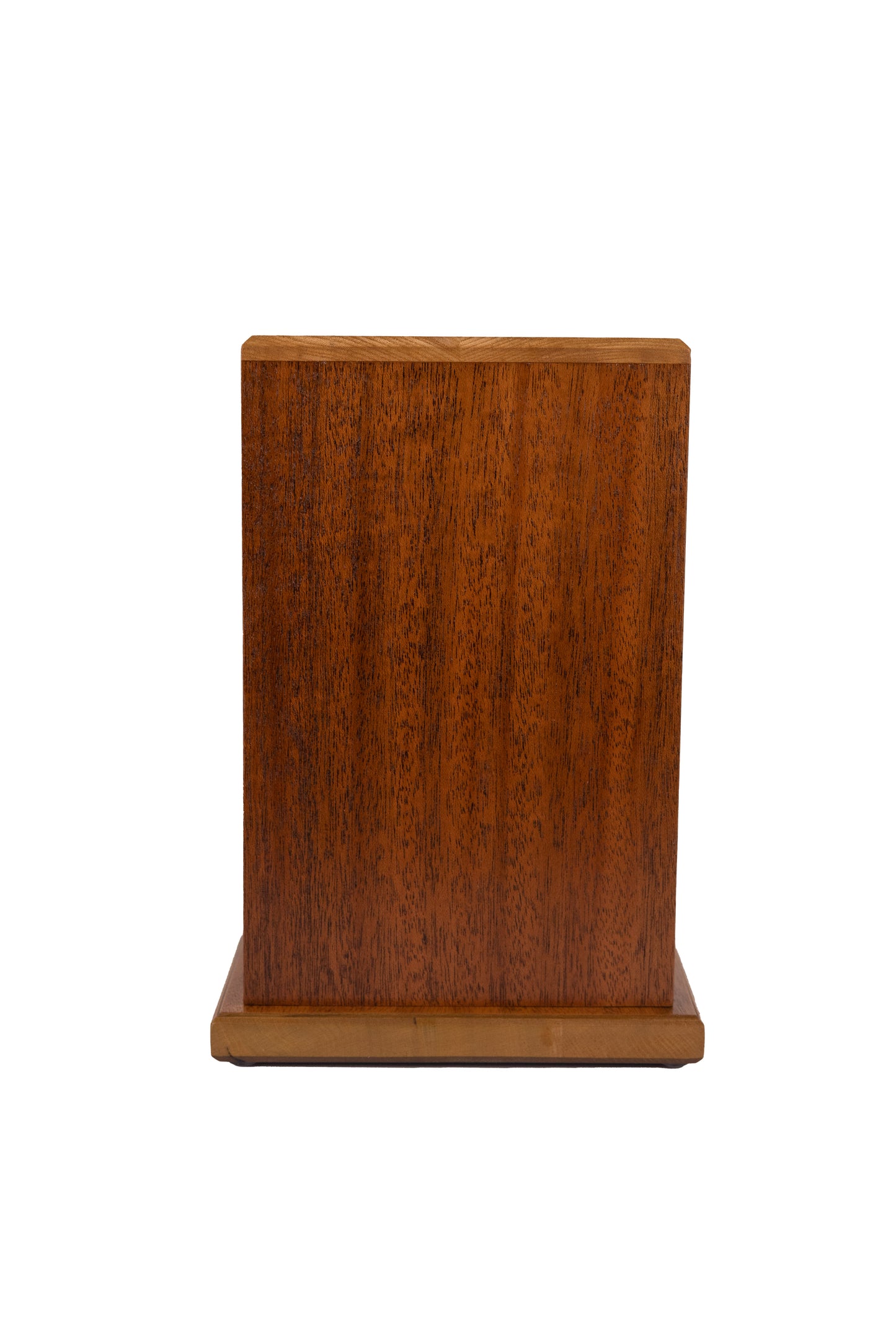 Front view of 180 cubic inch urn made from reclaimed Cuban Mahogany with White Ash top, Sesame stained and satin finished for timeless elegance