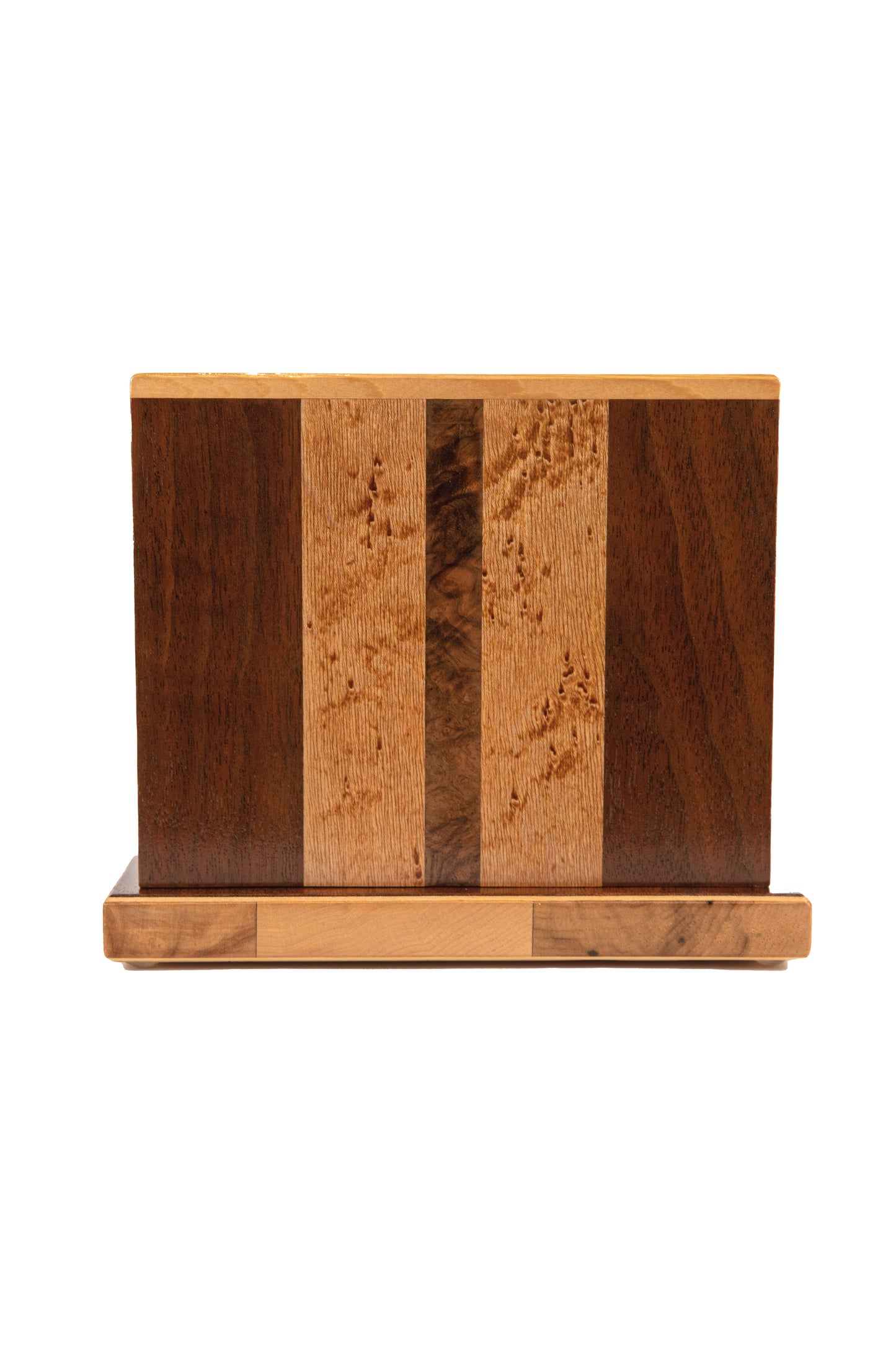 Front view of 160 cubic inch urn with Walnut Birdseye, Walnut border, Walnut Burl inlays, and Spruce top, handcrafted from piano wood