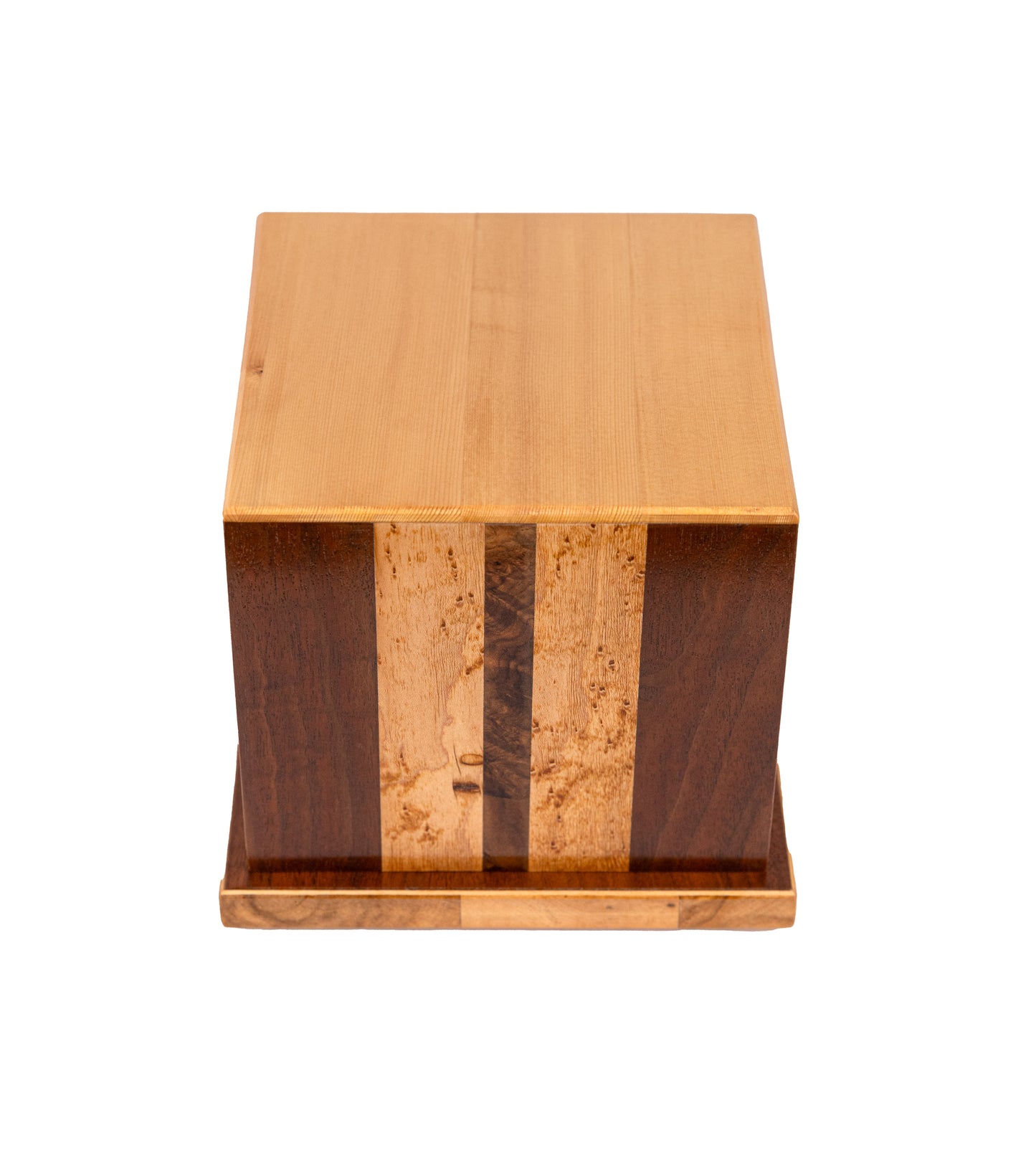 Front and top view of handcrafted urn with English Walnut Birdseye sides, Walnut Burl panels, Black Walnut accents, and Spruce top, made from early 1900s pianos, 175 cubic inch capacity