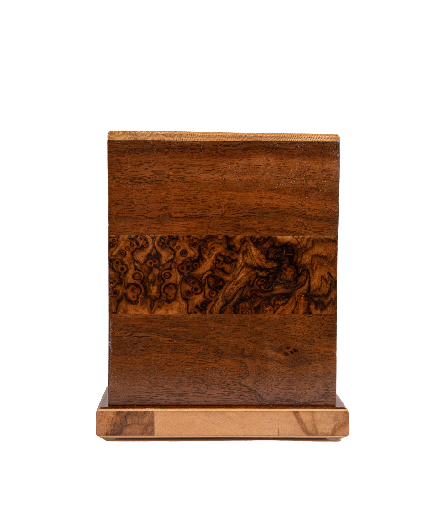 Front and top view of handcrafted cremation urn made from English Walnut Burl, American Black Walnut, and European Spruce reclaimed from 1885 German and American pianos, 115 cubic inch capacity
