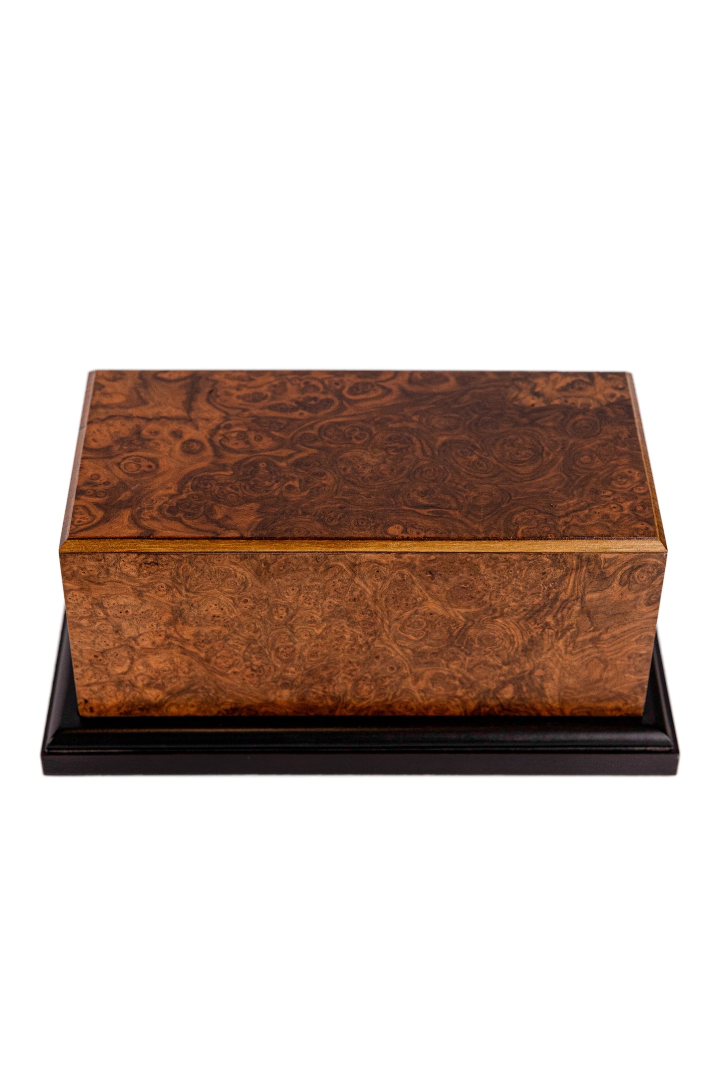 Front and top view of 120 cubic inch urn featuring English Walnut Burl from 1890 British piano and contrasting black base in satin finish
