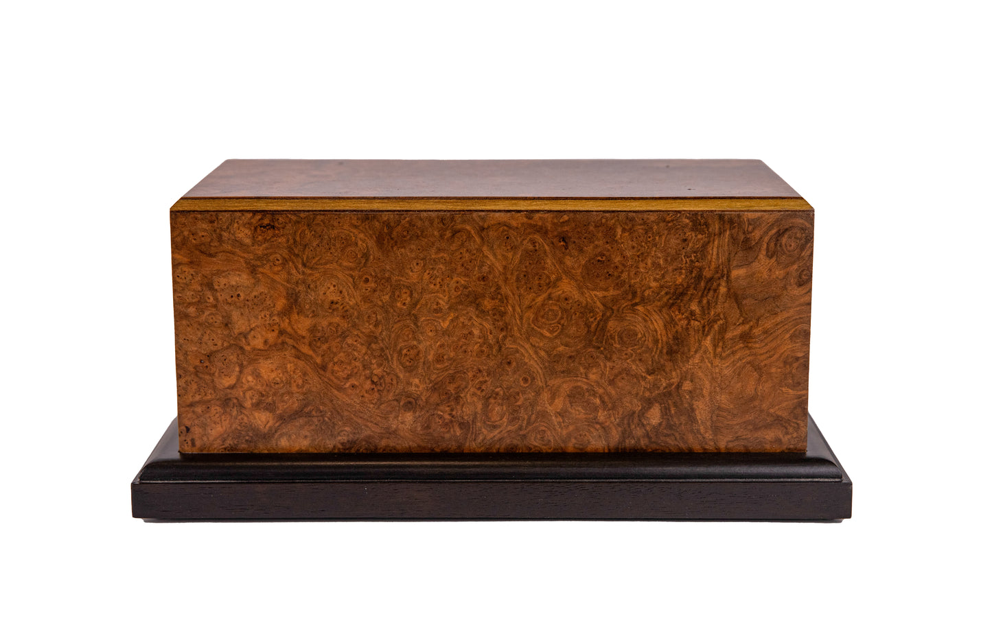 Front view of 120 cubic inch urn featuring English Walnut Burl from 1890 British piano and contrasting black base in satin finish