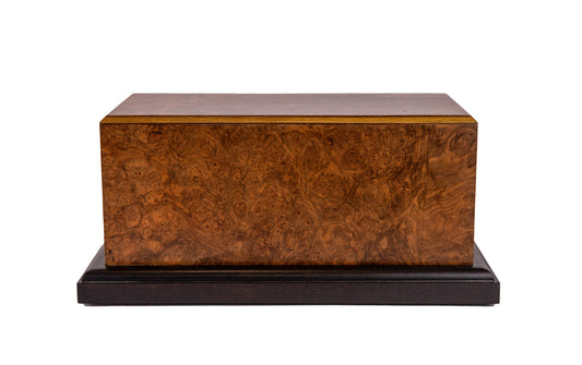 Front view of 120 cubic inch urn featuring English Walnut Burl from 1890 British piano and contrasting black base in satin finish
