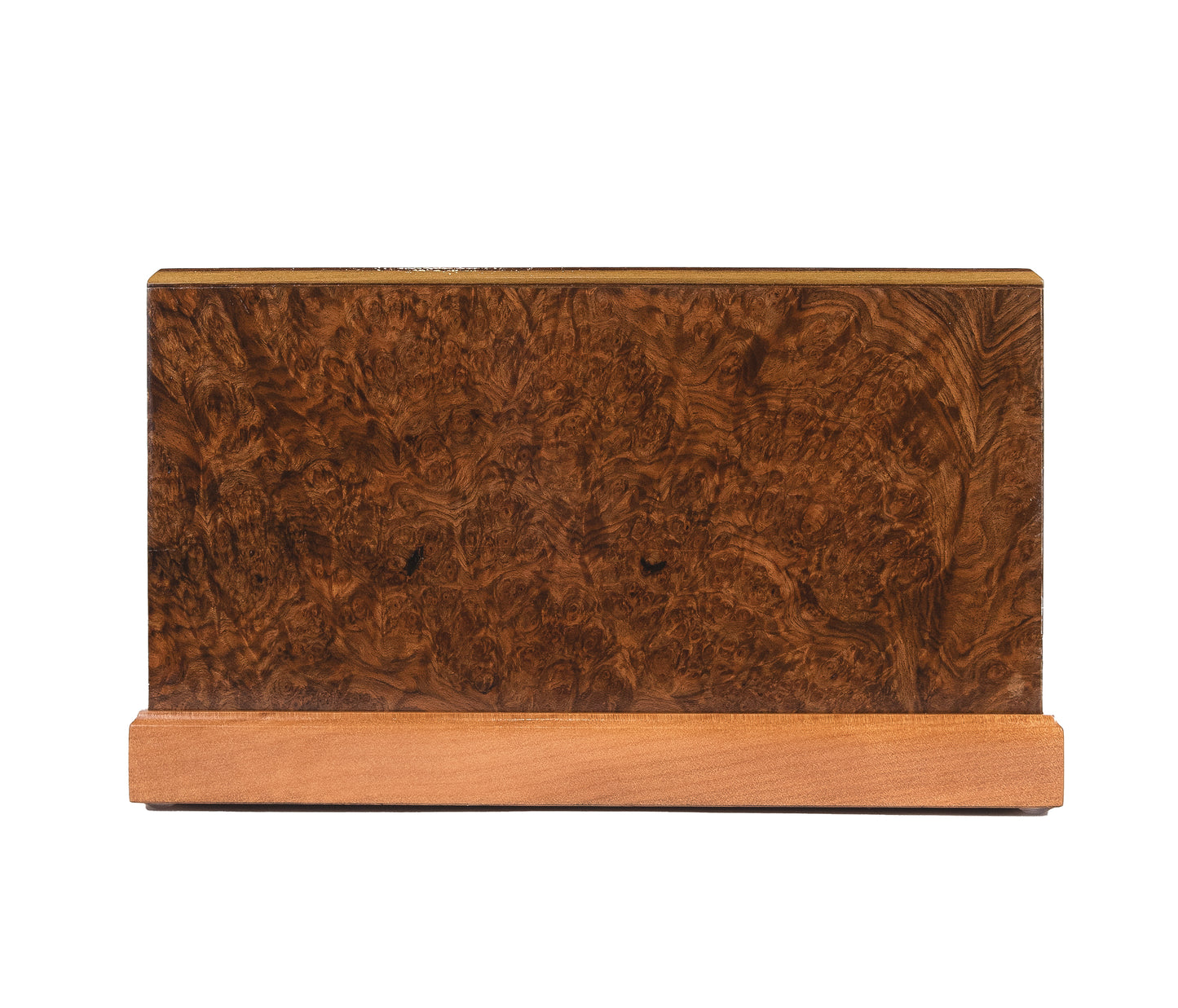 Front view of 150 cubic inch urn in English Walnut Burl from a 1910 German piano, with Red Oak and Cuban Mahogany base
