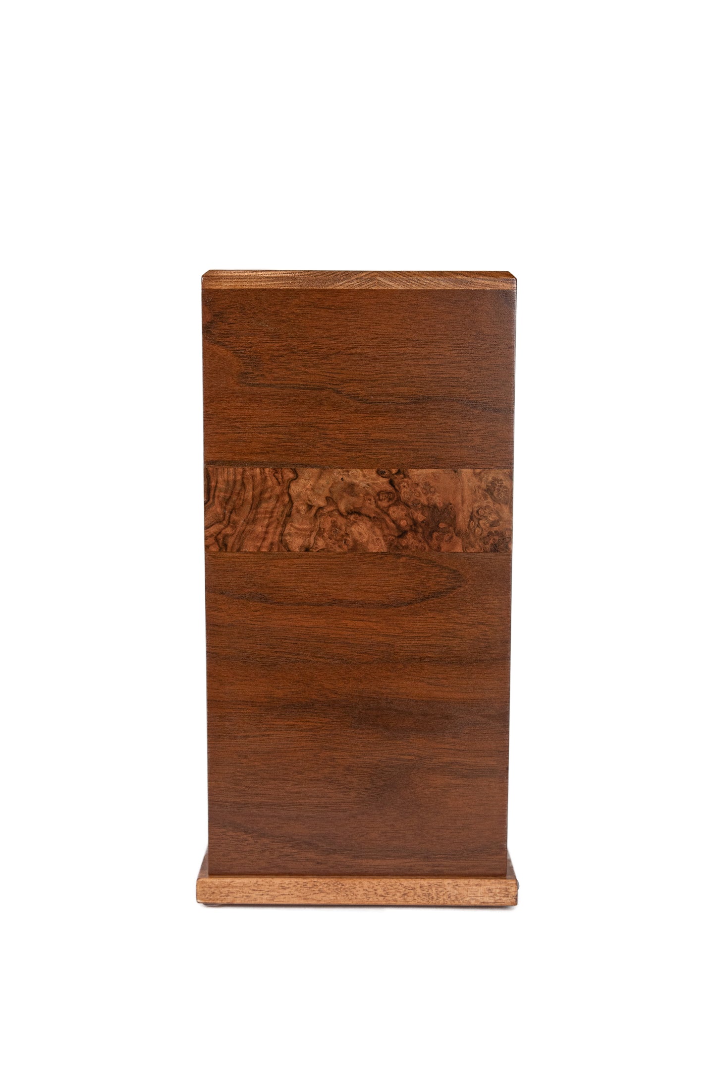 Side view of 120 cubic inch handcrafted tower urn featuring English Walnut, Maple, and Spruce — made from historic 1890–1915 piano wood