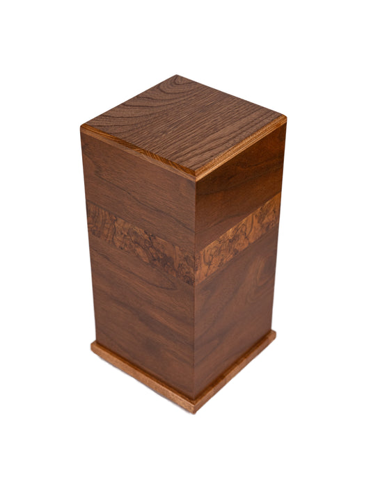 Angled view of 120 cubic inch tower urn with English Walnut Burl, Maple base, and Sitka Spruce top — reclaimed from 1890–1915 vintage pianos
