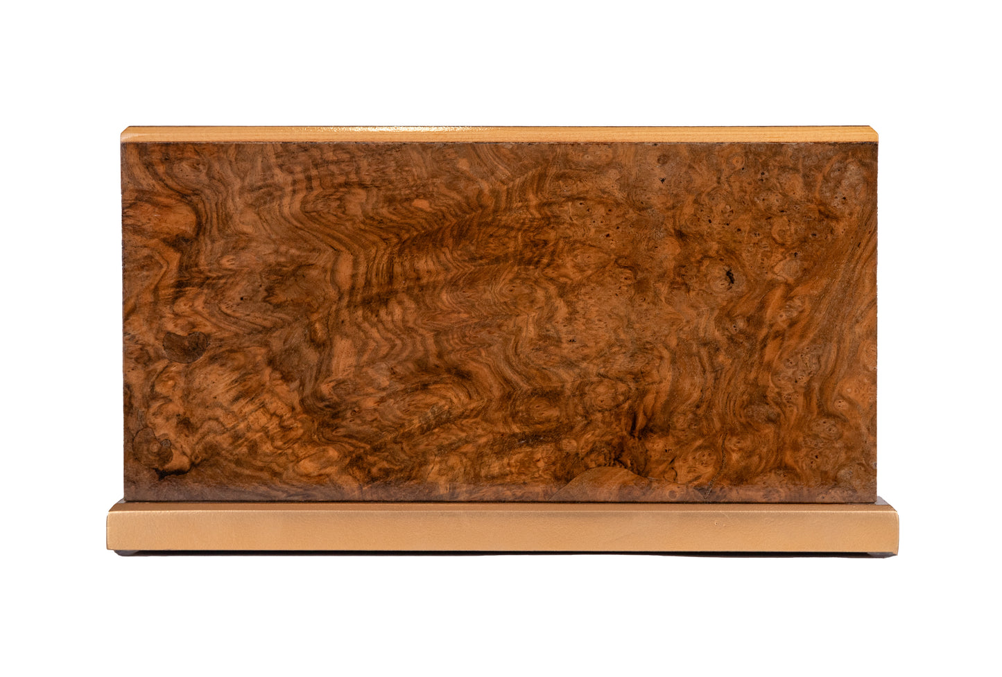 Front and top view of English Walnut Burl urn with polished gold detailing, handcrafted from 1890 British piano wood, 225 cubic inch capacity