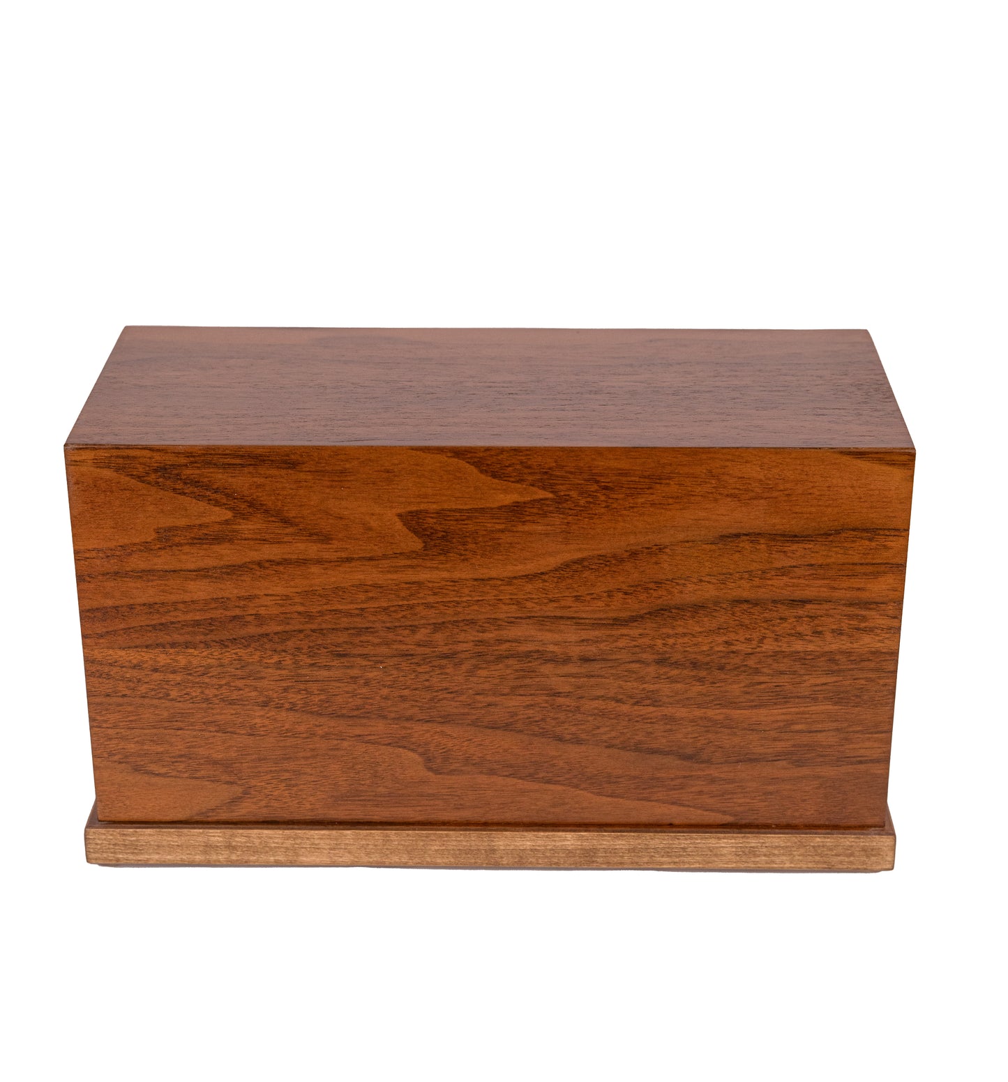 Front view of 210 cubic inch urn handcrafted from antique English Walnut piano wood, left natural with satin finish to honor vintage heritage