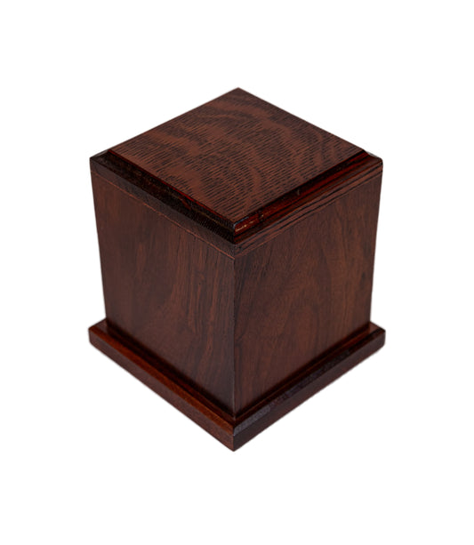 Handcrafted English Walnut and White Oak cremation urn, made from historic 1870 and 1920s English pianos, 125 cubic inch capacity, angled view