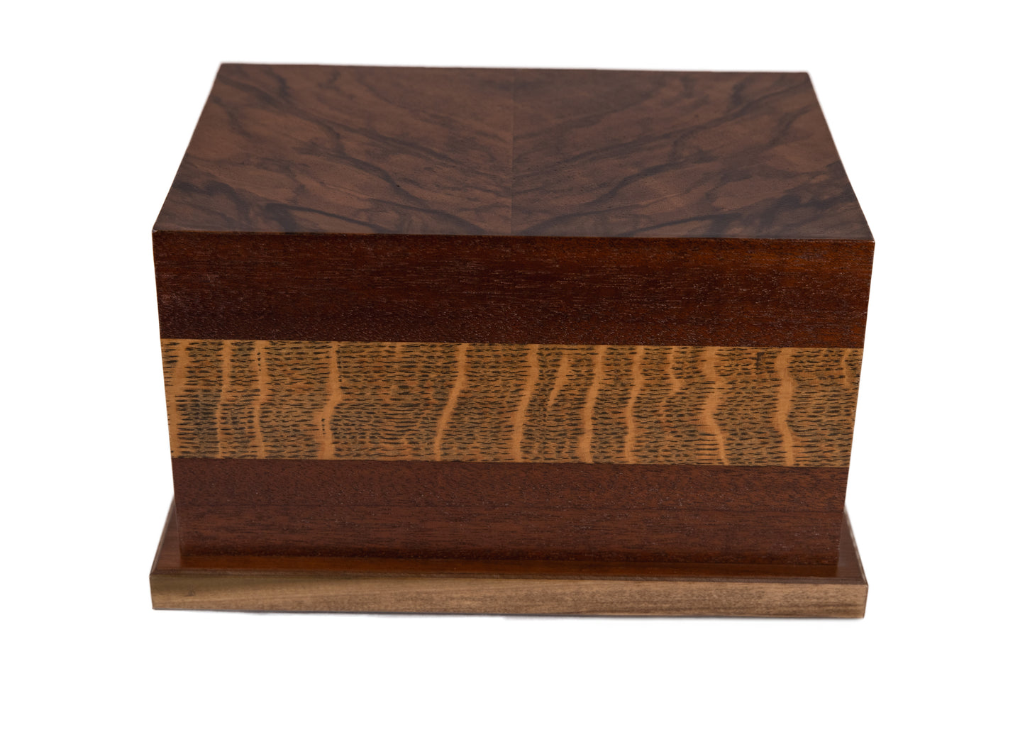 Front and top view of 185 cubic inch handcrafted urn with English Oak band, Walnut Burl top, and Black Walnut sides, finished in natural satin