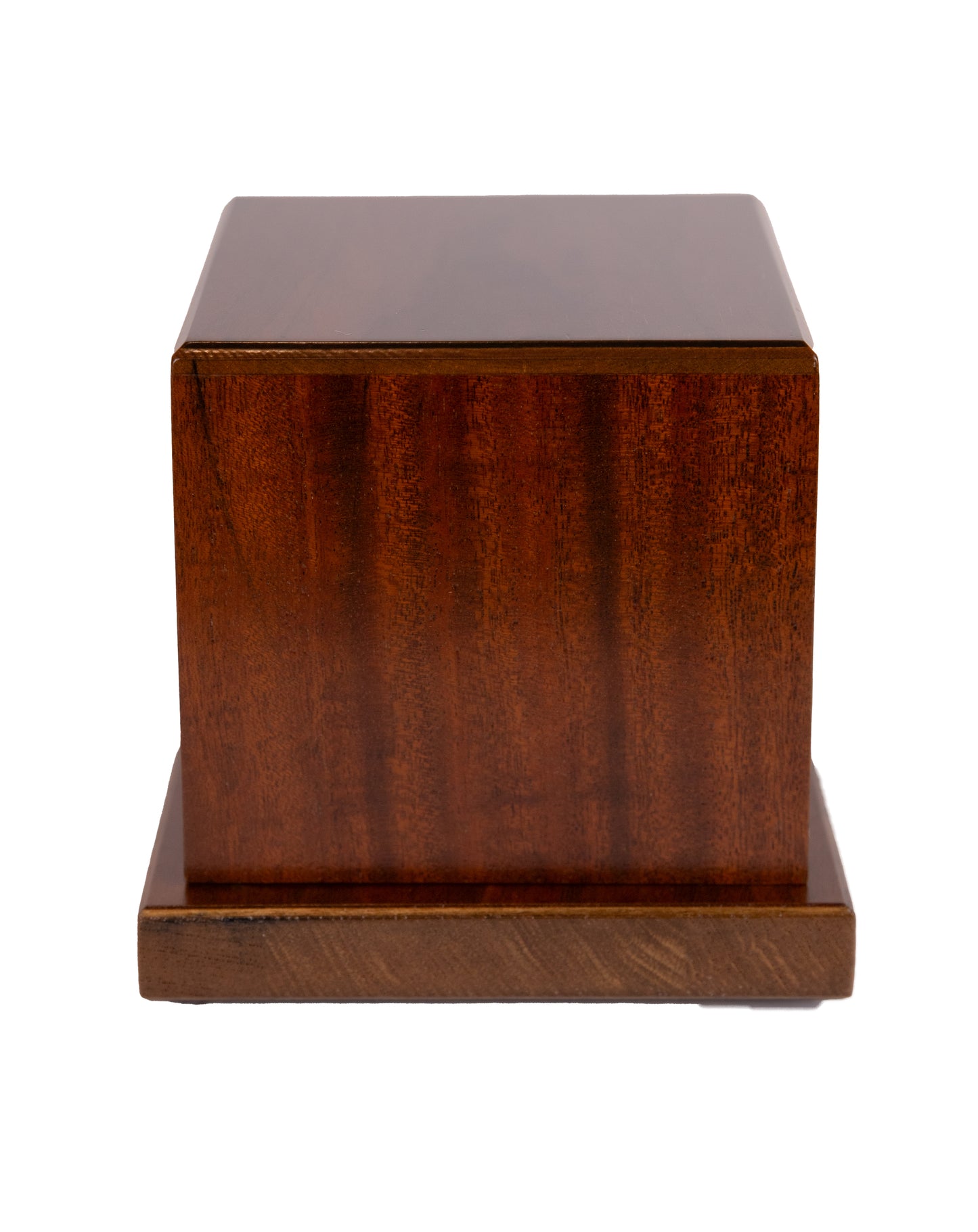Front view of 40 cubic inch urn made from 1830 chestnut, Cuban Mahogany, and Oak, preserving over 100 years of American piano heritage