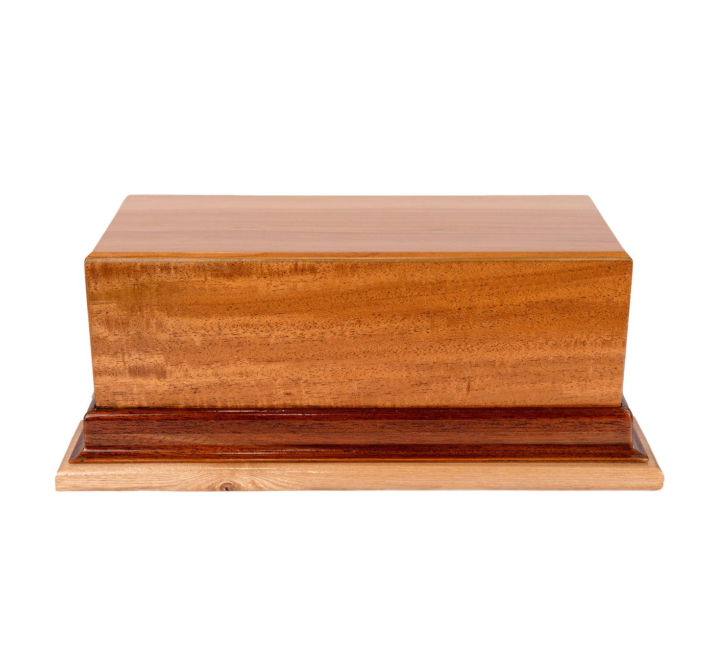 Front view of 125 cubic inch urn featuring European Spruce top, Cuban Mahogany body, American Black Walnut molding, and American White Ash base