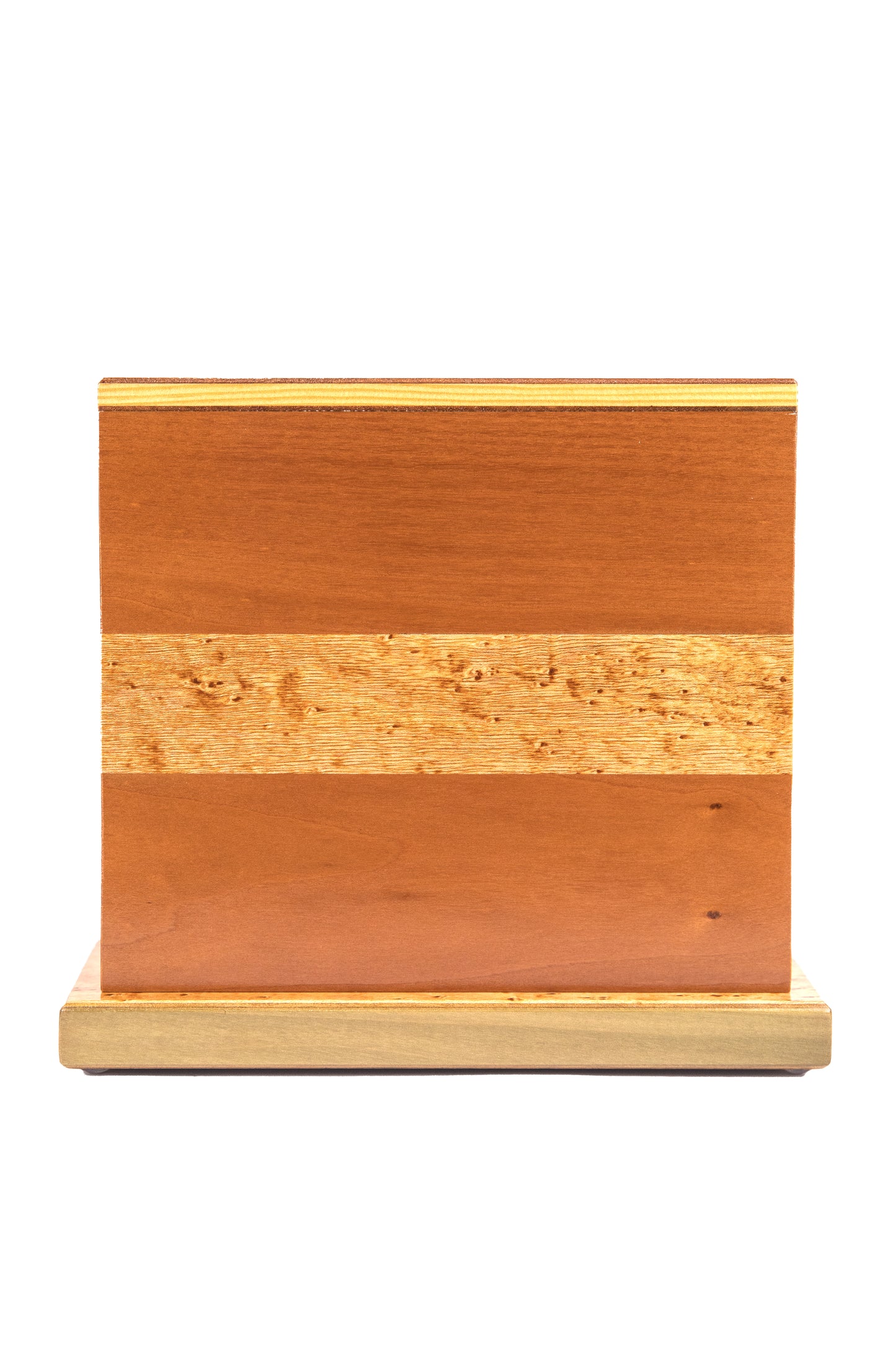 Front view of 145 cubic inch urn in American Black Cherry wood with Birdseye Black Walnut band and Cuban Mahogany lid