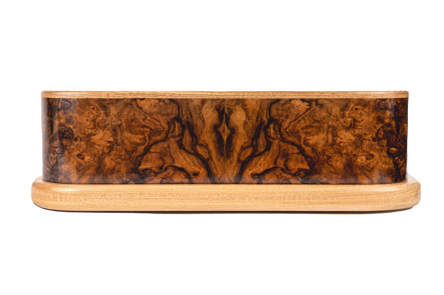 Front view of 95 cubic inch urn featuring book matched English Walnut Symmetrical Burl body with American Ash top and base, natural wood finish