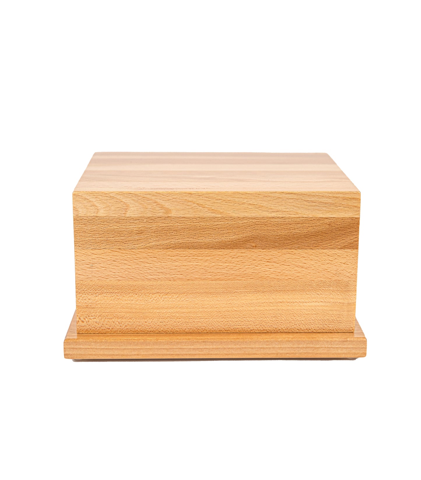 Front view of handcrafted 70 cubic inch urn using Hard Rock Maple from a 1901 American piano, finished in high gloss with no stain or coloring