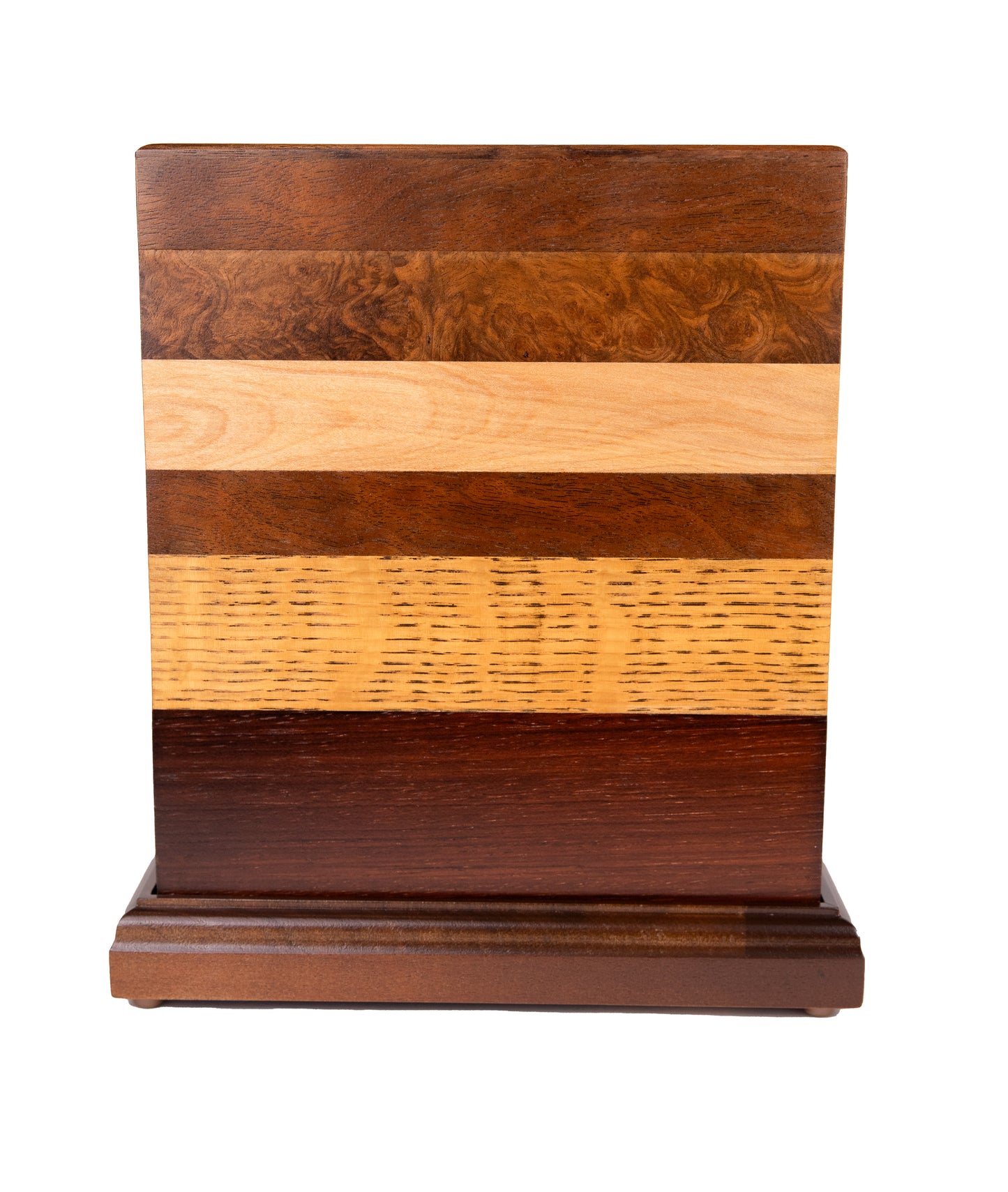 Side view of handcrafted cremation urn made from English Walnut Burl, Black Walnut, American Ash, Quarter Sawn Oak, Brazilian Rosewood, with Honduran Rosewood top and Cuban Mahogany base with Walnut accents, 200 cubic inch capacity
