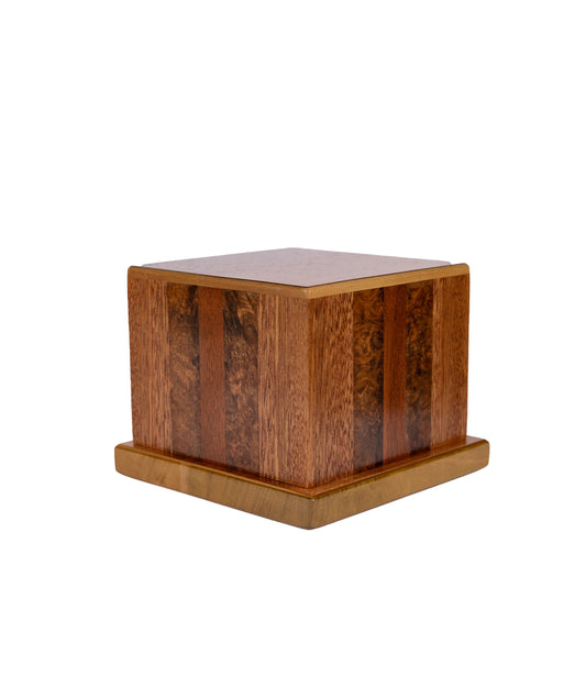 Angled view of 70 cubic inch handcrafted urn made from Mahogany, Black Walnut, Rosewood, and rare English Walnut Burl – rich, elegant keepsake