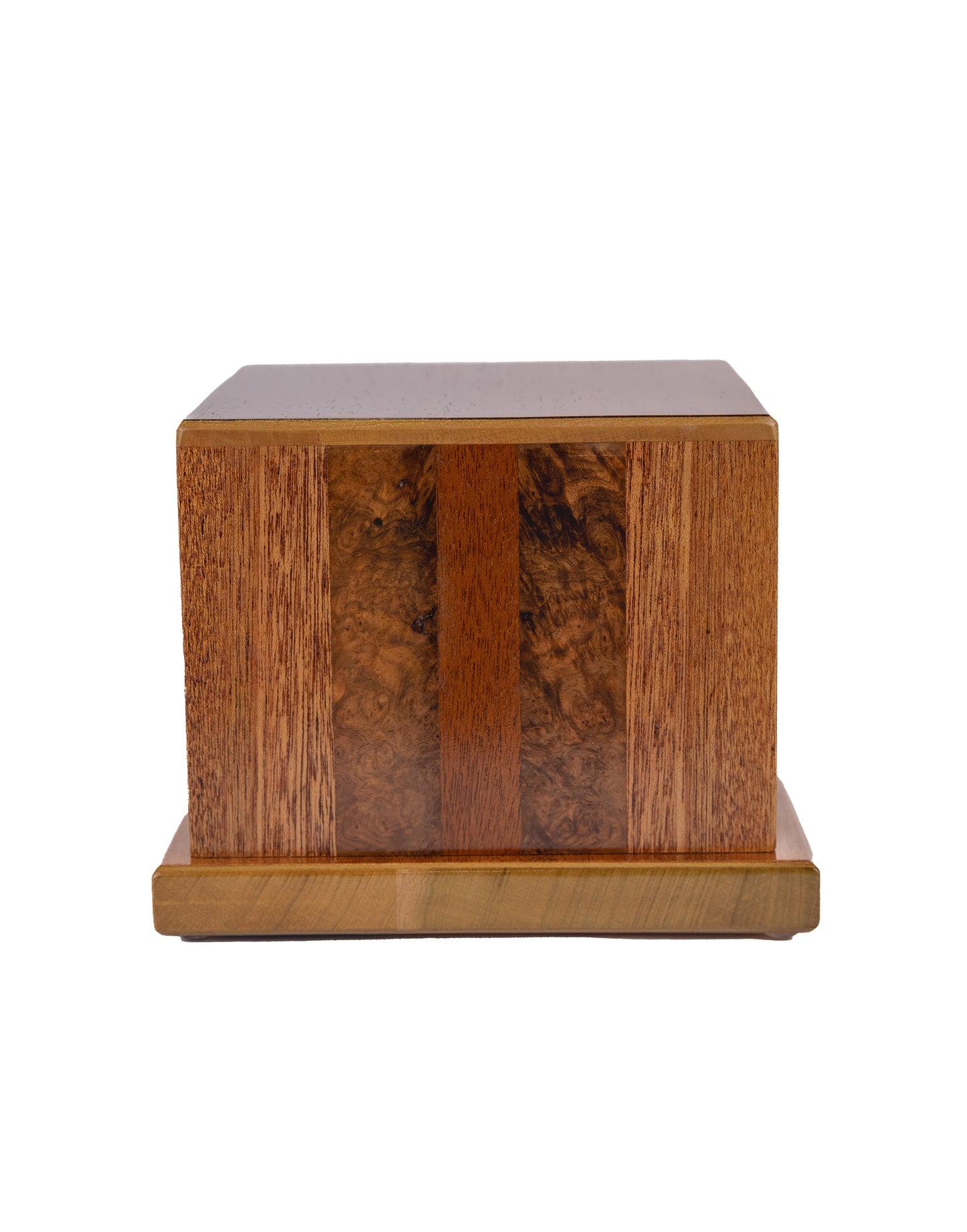 Front and top view of 70 cubic inch keepsake urn featuring Mahogany, English Walnut Burl, and Rosewood – handcrafted from premium vintage woods