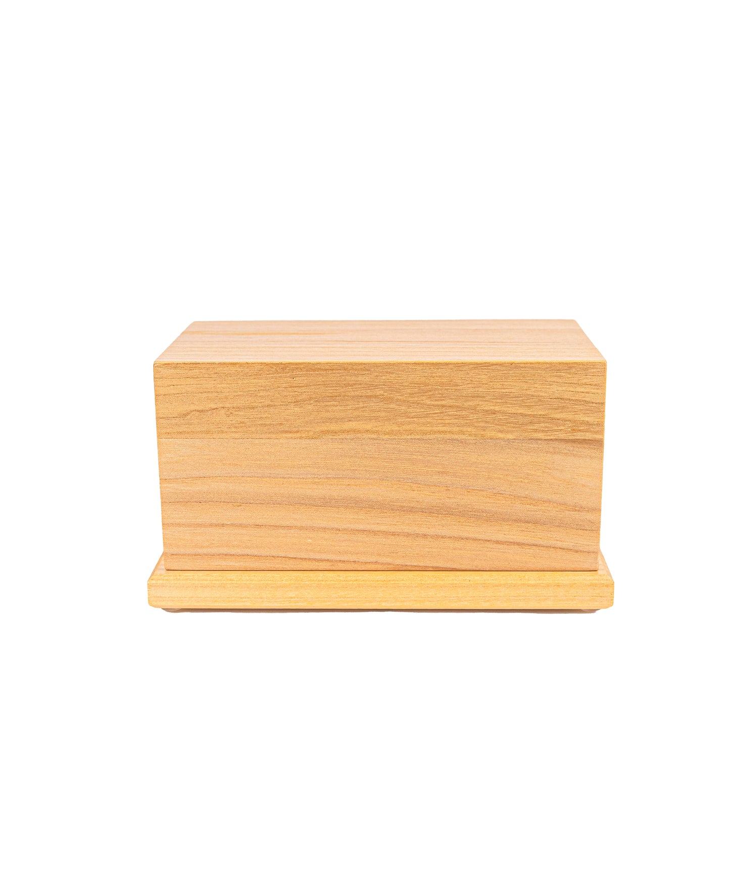 Front view of 80 cubic inch urn handcrafted from century-old White Ash piano wood, with satin finish and no stain for natural elegance