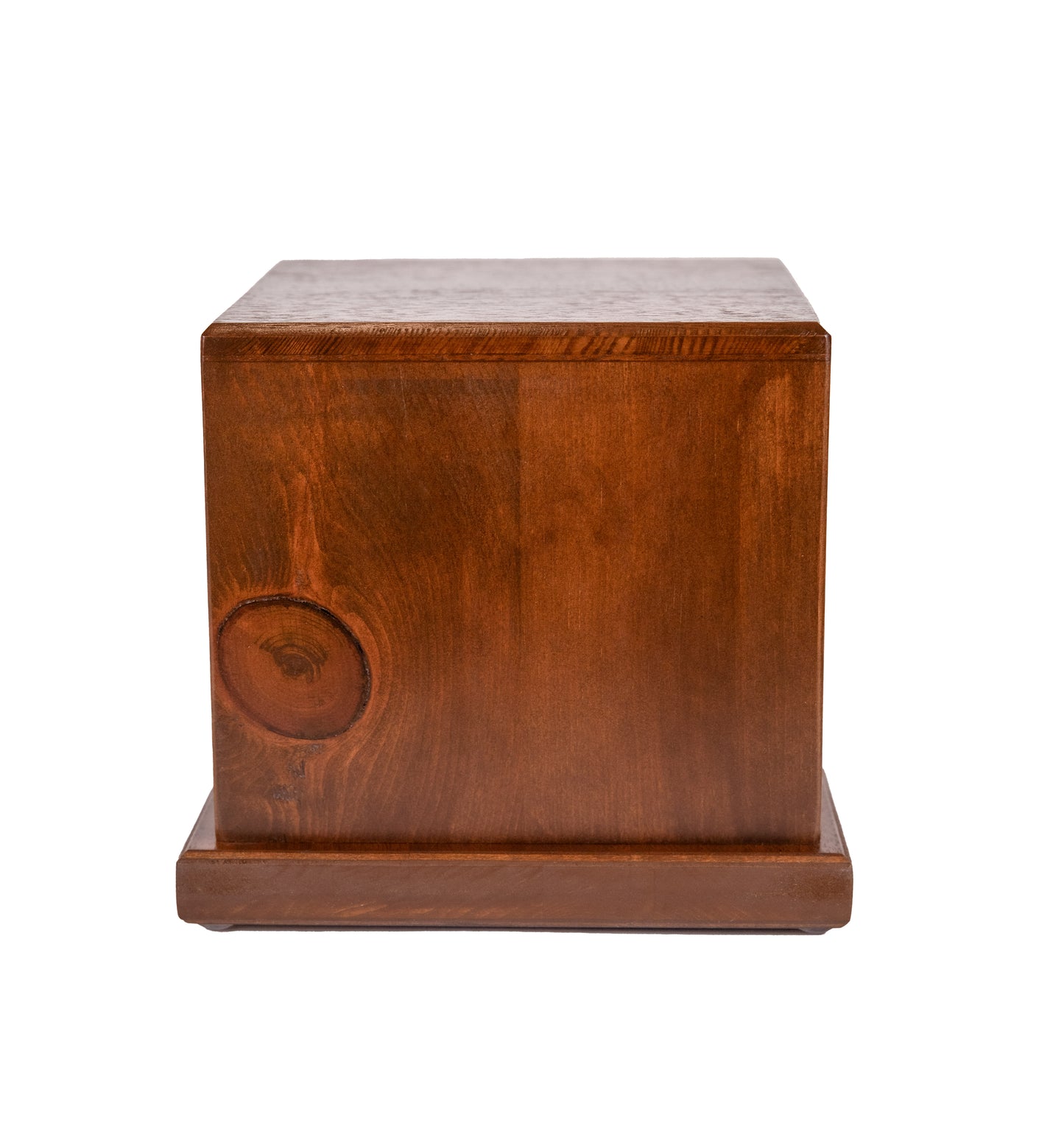Front and top view of 100 cubic inch handcrafted cremation urn featuring Pine wood body from a 1901 American piano, 1920s Cuban Mahogany top, and warm Canadian Maple brown finish — a timeless tribute for partial remains or keepsake memorials