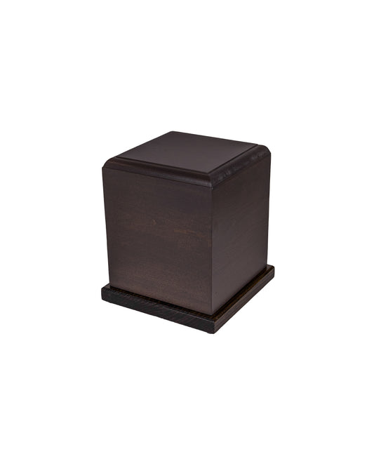 Handcrafted cremation urn made from 1901 piano back post Pine with Iron Earth gray finish, Ebony-stained Oak base, 75 cubic inch capacity, angled view for partial ashes or keepsake memorial
