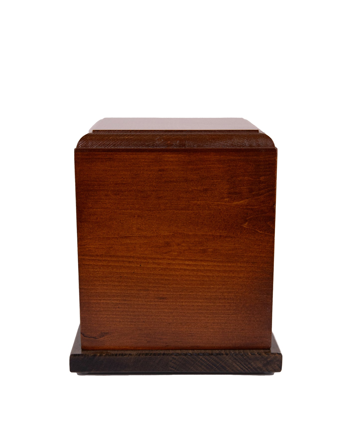 Angled view of 75 cubic inch handcrafted urn made from 1901 piano Pine with Antique Walnut finish and Ebony Oak base — warm and vintage tribute