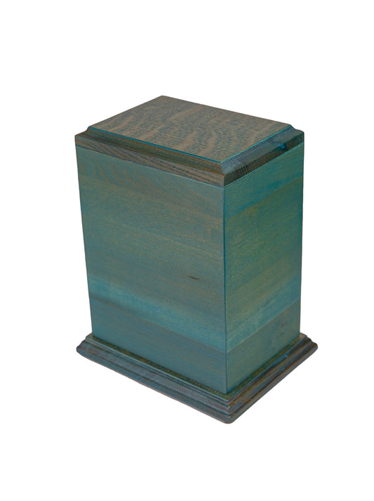 Handcrafted poplar wood cremation urn with blue satin finish and English oak accents, repurposed from 1915 German piano, 160 cubic inch capacity, angled view