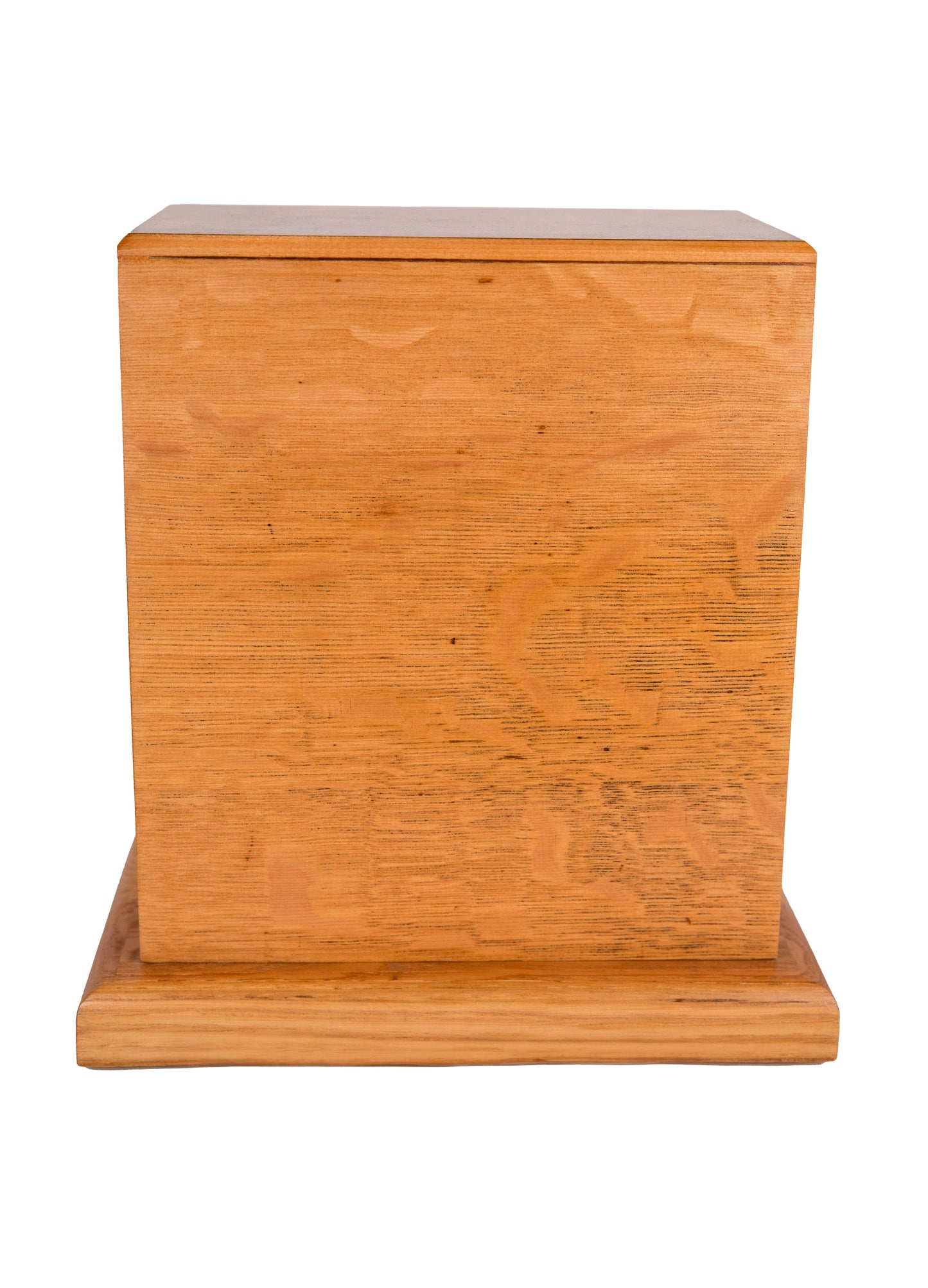 Front view of handcrafted cremation urn with quarter sawn Oak tower, solid Oak base, and English Walnut Burl top reclaimed from 1885 piano, 200 cubic inch capacity